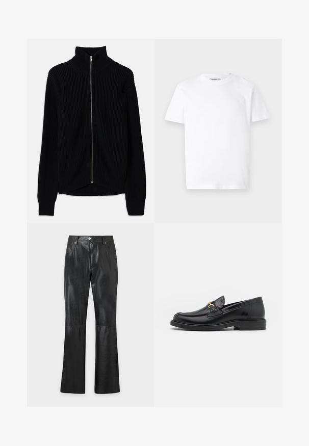Schwarzer gerippter Pullover mit hohem Kragen und vollem Reißverschluss. Verfügt über einen strukturierten Stoff und einen leicht abgerundeten Saum für einen geschichteten Look.; Weißes Baumwoll-T-Shirt mit Rundhalsausschnitt und kurzen Ärmeln. Besitzt ein kleines, geprägtes Logo auf der linken Brust. Glatte Textur.; Schwarze Hose aus Kunstleder mit Fronttaschen, Frontreißverschluss, Knopfverschluss, Gürtelschlaufen und ausgestellten Beinen.; Schwarze Lederleter mit einer abgerundeten Zehenpartie, ausgestattet mit goldenen Hardwareakzenten und Stichdetails, auf einer niedrigen, strukturierten Gummisohle.