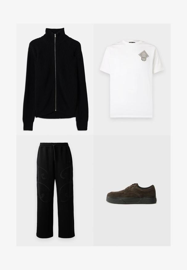 Schwarzer gerippter Pullover mit hohem Kragen und vollem Reißverschluss. Verfügt über einen strukturierten Stoff und einen leicht abgerundeten Saum für einen geschichteten Look.; Weißes Baumwoll-T-Shirt mit einem grauen, diamantförmigen Logo auf der linken Brust. Kurze Ärmel, Rundhalsausschnitt und normale Passform.; Schwarze Sweatpants mit lockerer Passform, die an den Seiten über aufwendige, spiralförmige Nähmuster verfügen und einen elastischen Bund mit Kordelzug haben.; Braune Wildleder-Sneaker mit niedrigem Profil, runder Zehenpartie, Schnürdesign, strukturiertem schwarzem Gummisohle und minimalem Branding.
