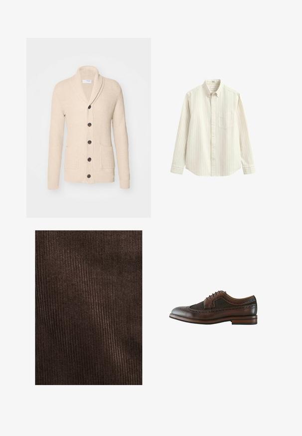 Beige gestrickte Strickjacke mit Schalkragen, fünf dunklen Knöpfen, strukturiertem Stoff und zwei vorderen Taschen. Lange Ärmel mit gerippten Bündchen.; Langärmliges weißes Hemd mit dünnen vertikalen grauen Streifen, Knopfkragen, Brusttasche und Knopfverschluss in der Mitte.; Braunes Cordura-Gewebe mit vertikalen Rippungen, weicher Textur und einer tiefen, reichen Farbe, geeignet für Polsterungen oder Kleidung.; Dunkelbrauner Leder-Wingtip-Brogue-Schuh mit dekorativen Perforationen, Schnürverschluss und Holzsohle mit mehrlagigem Absatz.