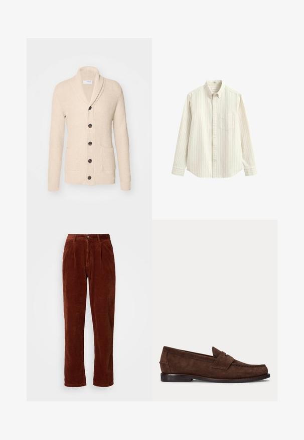 Beige gebreide cardigan met sjaalkraag, vijf donkere knopen, een gestructureerde stof en twee voorzakken. Lange mouwen met ribbels aan de manchetten.; Wit overhemd met lange mouwen met dunne verticale grijze strepen, knoopsluiting aan de kraag, borstzak en knoopsluiting in het midden.; Katoenen corduroy broek in een rijke bruine kleur; heeft een geplooide voorkant, rechte pijpen en een knoopsluiting bij de taille.; Bruine suède penny loafer met lage hak en zichtbare stiksels langs de neus, zijkant en achterkant, weergegeven op een effen lichte achtergrond.