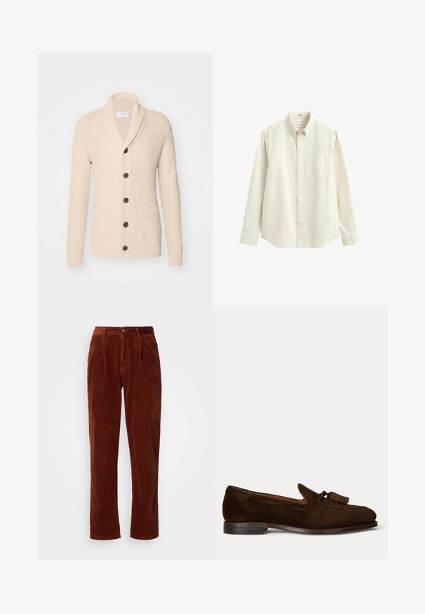 Beige gestrickte Strickjacke mit Schalkragen, fünf dunklen Knöpfen, strukturiertem Stoff und zwei vorderen Taschen. Lange Ärmel mit gerippten Bündchen.; Langärmliges weißes Hemd mit dünnen vertikalen grauen Streifen, Knopfkragen, Brusttasche und Knopfverschluss in der Mitte.; Cordhosen in einer satten Brauntönung; mit einer gefalteten Vorderseite, geraden Beinen und einem Knopfverschluss am Bund.; Dunkelbrauner Wildleder-Herrenschuh mit Quasten und niedrigem, gestapeltem Absatz auf schlichtem hellem Hintergrund.