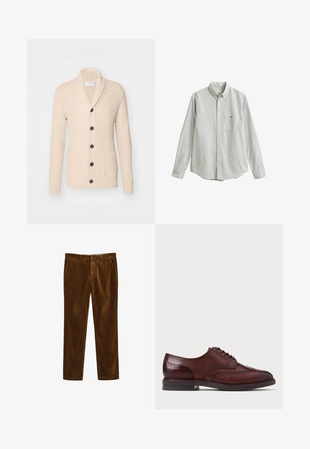 Beige strikket cardigan med sjalskrave, fem mørke knapper, tekstureret stof og to forlommer. Lange ærmer med ribbede manchetter.; Langærmet skjorte med knapper, lysegrå og hvide lodrette striber, krave, brystlomme og knappede manchetter.; Brune corduroy bukser med et lige ben-design, der har en frontlukning med knap og to sidelommer. Tekstiler med ribbet mønster.; Brun læder brogue sko med vinge design, perforeret detailing og mørk sål, vist i sideprofil på hvid baggrund.