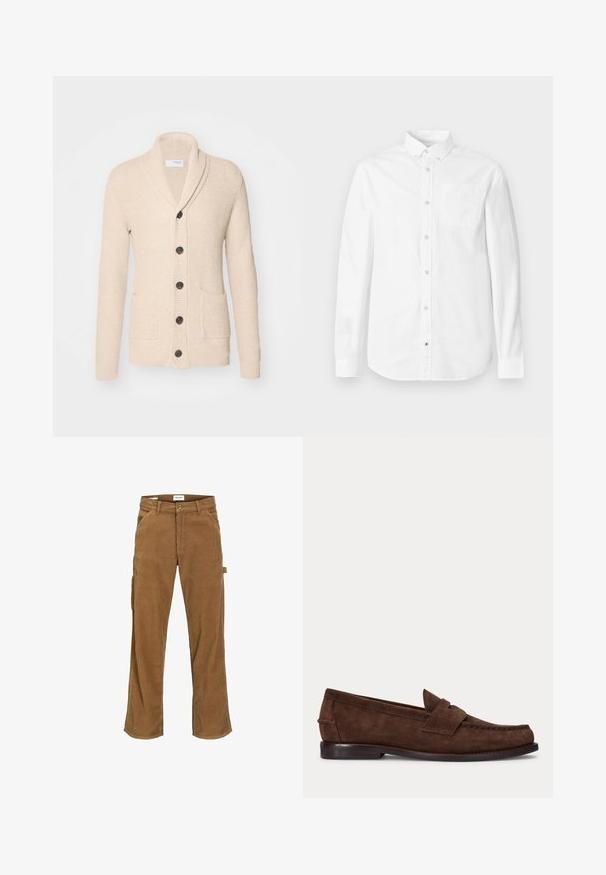 Beige gebreide cardigan met sjaalkraag, vijf donkere knopen, een gestructureerde stof en twee voorzakken. Lange mouwen met ribbels aan de manchetten.; Witte blouse met lange mouwen van katoen. Voorzien van een button-down kraag, voorzak en subtiele textuur. Rechte zoom met knoopsluitingen.; Bruine corduroy broek met een reguliere pasvorm, voorzien van zijzakken, een enkele cargozak en een knoopsluiting bij de taille.; Bruine suède penny loafer met lage hak en zichtbare stiksels langs de neus, zijkant en achterkant, weergegeven op een effen lichte achtergrond.