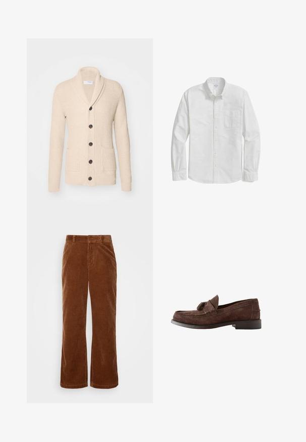 Beige gestrickte Strickjacke mit Schalkragen, fünf dunklen Knöpfen, strukturiertem Stoff und zwei vorderen Taschen. Lange Ärmel mit gerippten Bündchen.; Weißes Langarmhemd aus Baumwolle mit einer Brusttasche auf der linken Seite, abgerundetem Saum und knöpfbaren Manschetten.; Braune Cordhosen mit einem weit geschnittenen Design, das eine vertikale Rippstruktur, einen Knopfverschluss und standardmäßige Gürtelschlaufen aufweist.; Brauner Herren-Slipper aus Wildleder mit Quasten-Detail und niedrigem gestapeltem Absatz, Seitenansicht auf weißem Hintergrund.
