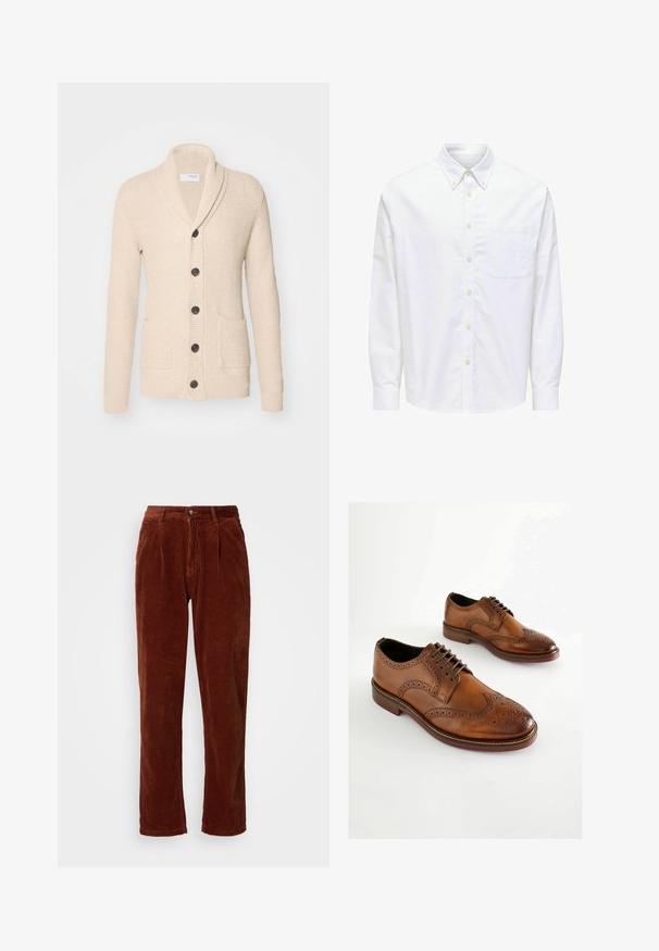Beige strikket cardigan med sjalskrave, fem mørke knapper, tekstureret stof og to forlommer. Lange ærmer med ribbede manchetter.; Hvid skjorte med lange ærmer, knapper, spidst krave og brystlomme på venstre side.; Corduroybukser i en rig brun farve; har en plisseret front, lige ben og en knaplukning ved taljen.; Brune læder Oxford-sko med perforeret detaljering, snørelukning og rund tå. Glat tekstur og kontrastsål.