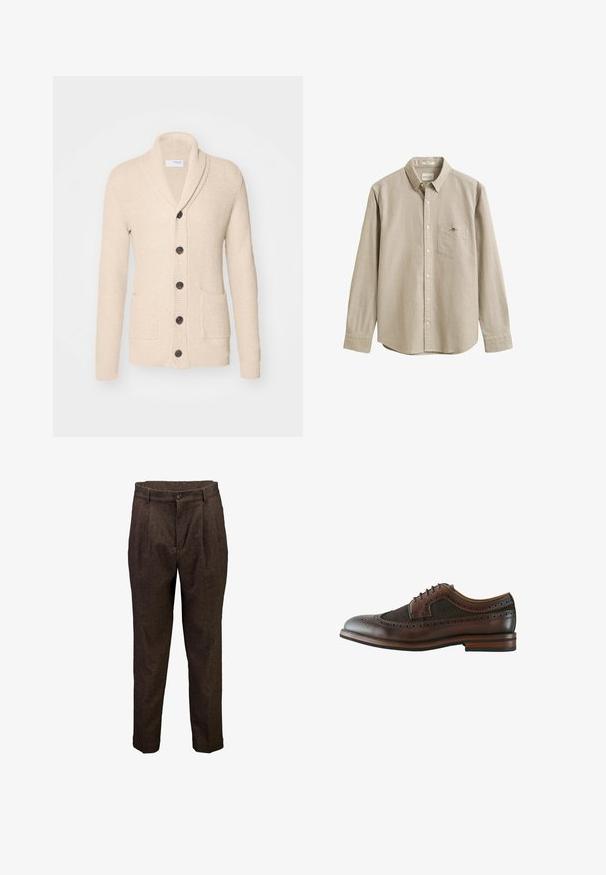 Beige gestrickte Strickjacke mit Schalkragen, fünf dunklen Knöpfen, strukturiertem Stoff und zwei vorderen Taschen. Lange Ärmel mit gerippten Bündchen.; Beiges langärmliges Hemd mit Kragen, Brusttasche und kleinem gesticktem Logo auf der Tasche. Das Hemd ist auf einem schlichten Hintergrund zu sehen.; Braune Herrenwollhose mit vorderen Falten, Knopfverschluss und Gürtelschlaufen, gezeigt vor weißem Hintergrund.; Dunkelbrauner Leder-Wingtip-Brogue-Schuh mit dekorativen Perforationen, Schnürverschluss und Holzsohle mit mehrlagigem Absatz.