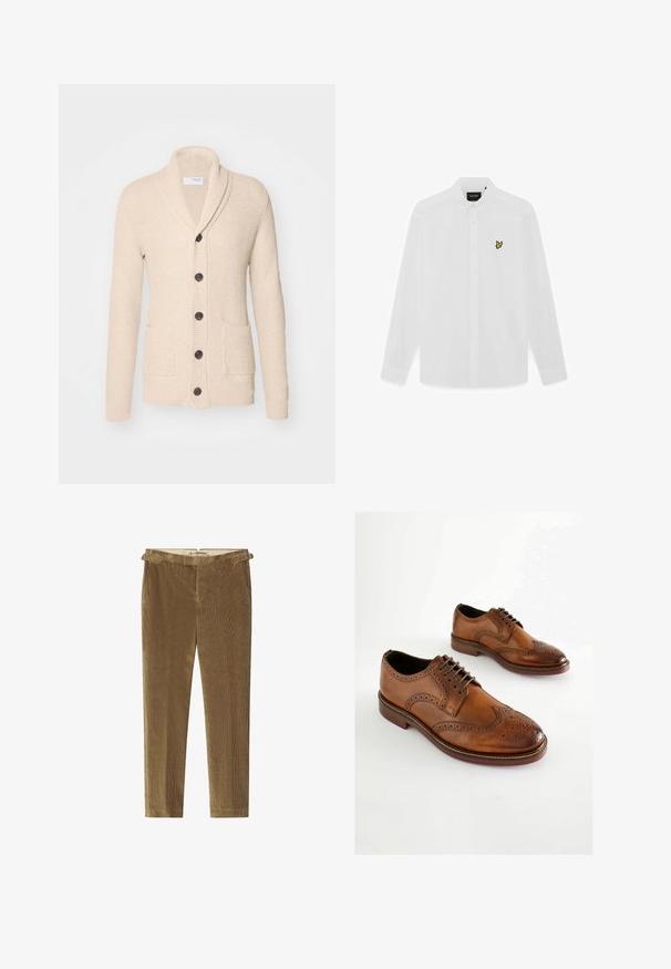 Beige gestrickte Strickjacke mit Schalkragen, fünf dunklen Knöpfen, strukturiertem Stoff und zwei vorderen Taschen. Lange Ärmel mit gerippten Bündchen.; Weißes, langärmeliges Hemd mit Knopfleiste, umgeklapptem Kragen und kleinem gelbem Vogel-Logo auf der linken Brustseite.; Braune Cordhosen mit geradem Bein, die über eine dezente Rippstruktur und Gürtelschlaufen in der Taille verfügen.; Braune Leder-Oxford-Schuhe mit perforierten Details, Schnürverschluss und runder Zehenform. Glatte Textur und kontrastierende Sohle.