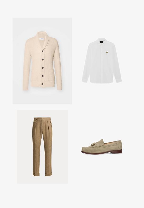 Beige gebreide cardigan met sjaalkraag, vijf donkere knopen, een gestructureerde stof en twee voorzakken. Lange mouwen met ribbels aan de manchetten.; Wit overhemd met lange mouwen, knopen en een opgevouwen kraag, met een klein geel vogel-logo aan de linkerkant van de borst.; Bruine geruite broek met hoge taille, plooien, zijzakken, knoopsluiting aan de zijkant, omgeslagen zoom en rechte, op maat gemaakte pijpen.; Beige suède loafer met kwastjes, stikseldetails en een bruine houten zool, zijaanzicht op een witte achtergrond.