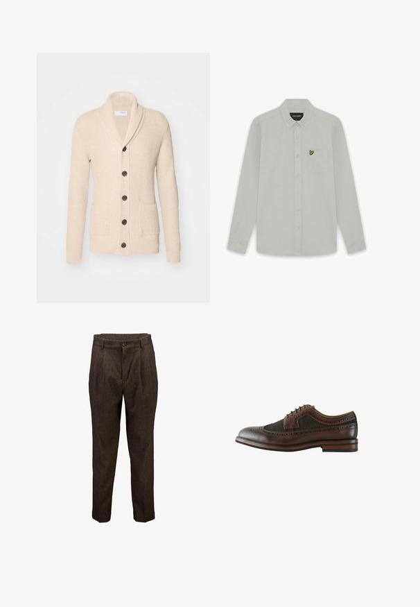 Beige gebreide cardigan met sjaalkraag, vijf donkere knopen, een gestructureerde stof en twee voorzakken. Lange mouwen met ribbels aan de manchetten.; Effen lichtgrijs overhemd met lange mouwen, knopen, een borstzakje en een klein geel vogel-logo aan de linkerkant.; Bruine wollen herenhosen met voorplooien, knoopsluiting en riemlussen, getoond tegen een witte achtergrond.; Donkerbruine leren wingtip brogue schoen met decoratieve perforaties, vetersluiting en houten zool met gelaagde hak.