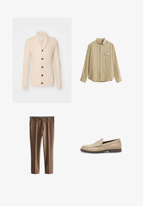Beige gestrickte Strickjacke mit Schalkragen, fünf dunklen Knöpfen, strukturiertem Stoff und zwei vorderen Taschen. Lange Ärmel mit gerippten Bündchen.; Beiges Leinenhemd mit langen Ärmeln, Knopfleiste, Brusttasche und Knopfkragen, auf weißem Hintergrund präsentiert.; Braune, maßgeschneiderte Hosen aus strukturiertem Stoff. Mit einem Knopfverschluss, zwei Fronttaschen und geradem Bein.; Beiger Wildleder-Slipper mit abgerundeter Zehenpartie, genähten Details auf dem Vorderblatt und einer kontrastierenden braunen Gummisohle. Klassisches Slip-On-Design.