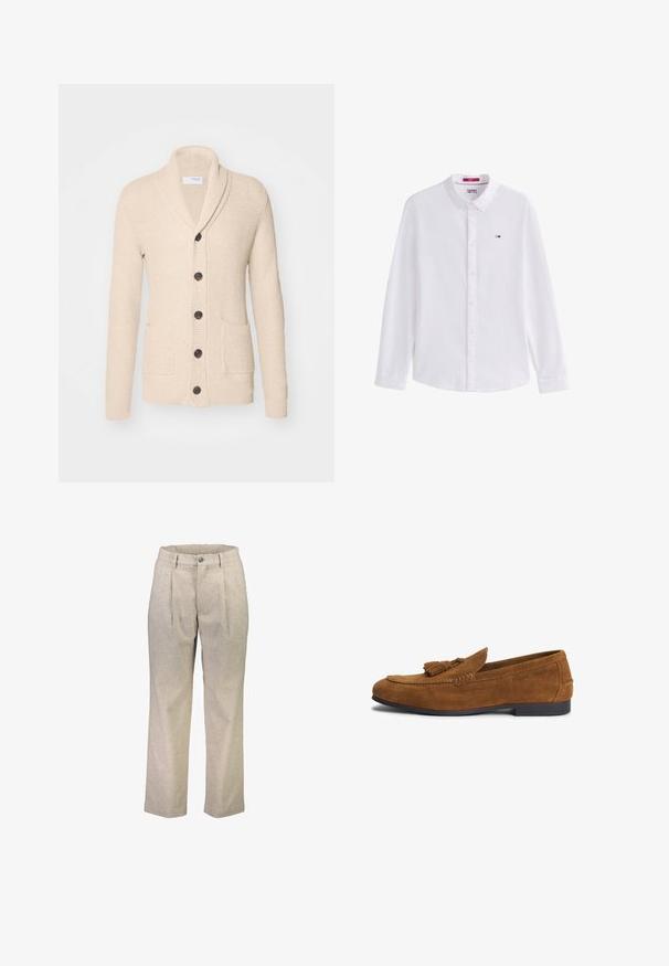 Beige gebreide cardigan met sjaalkraag, vijf donkere knopen, een gestructureerde stof en twee voorzakken. Lange mouwen met ribbels aan de manchetten.; Witte overhemd met lange mouwen, knopen, kraag en klein Tommy Jeans-logo op de linkerborst.; Beige wollen blend broeken met een rechte snit, voorzien van twee voorkruinen, een knoopsluiting en zijzakken. Glad textuur.; Bruine suède herenslipper met kwastdetail en lage zwarte zool, aan de zijkant aangebracht met merknaam.