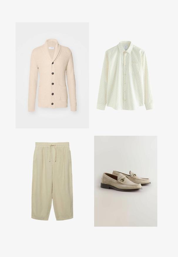 Beige gebreide cardigan met sjaalkraag, vijf donkere knopen, een gestructureerde stof en twee voorzakken. Lange mouwen met ribbels aan de manchetten.; Witte lange mouwen shirt met een subtiel stippenpatroon, een button-down kraag en een borstzak. Gemaakt van lichte stof.; Beige losse cropped broek met elastische tailleband en koordje aan de voorkant, gemaakt van lichtgewicht stof.; Beige suède loafers met gestructureerde accenten, afgeronde neus, decoratieve band en lage houten hak. Gladde afwerking met stiksel details.
