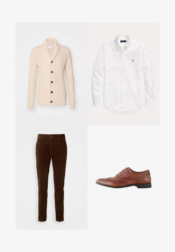Beige gebreide cardigan met sjaalkraag, vijf donkere knopen, een gestructureerde stof en twee voorzakken. Lange mouwen met ribbels aan de manchetten.; Witte blouse met lange mouwen, knopen en kraag, met klein geborduurd logo op de linkerborst, plat gelegd op een effen achtergrond.; Bruine corduroy broek met een rechte pijpdesign, voorzien van een knoopsluiting en subtiele verticale ribbelstructuur.; Bruine leren herenschoen in brogue-stijl met decoratieve perforaties en zwarte zool, zijaanzicht.