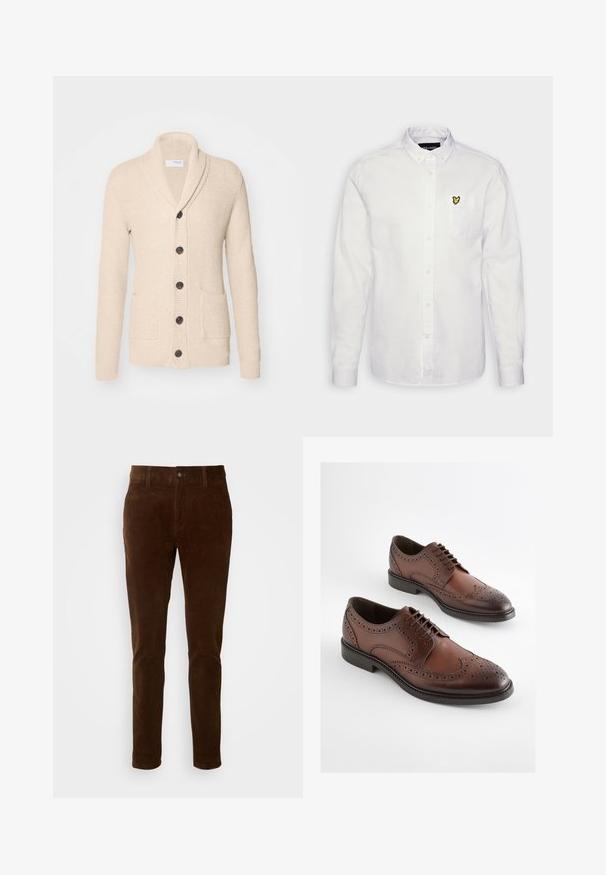 Beige strikket cardigan med sjalskrave, fem mørke knapper, tekstureret stof og to forlommer. Lange ærmer med ribbede manchetter.; Hvid skjorte med knapper i bomuldsstof, der har et lille broderet gult sommerfuglelogo på brystlommen, lange ærmer med knappeærmer.; Brune cordfløjlsbukser med lige ben, der har en knaplukning og subtil lodret ribbe-textur.; Brune læder brogue pent sko med perforerede detaljer og sorte såler, vist side om side på en hvid baggrund.