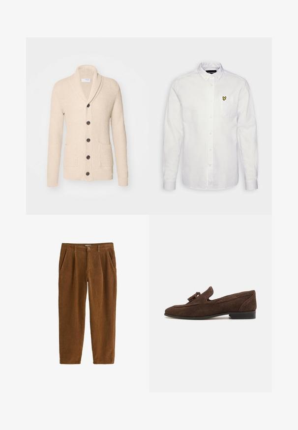 Cárdigan de punto beige con cuello de chal, cinco botones oscuros, tejido texturizado y dos bolsillos frontales. Mangas largas con puños acanalados.; Camisa blanca de botón en tejido de algodón, con un pequeño logo de mariposa amarilla bordado en el bolsillo del pecho, mangas largas con puños de botón.; Pantalones de pana marrones con corte recto, que presentan pliegues frontales, bolsillos en ángulo y un cierre de un solo botón en la cintura.; Mocasin de ante marrón con tacón bajo, que presenta un borlas decorativas y un detalle de costura a lo largo de los lados. Textura suave y forma refinada.