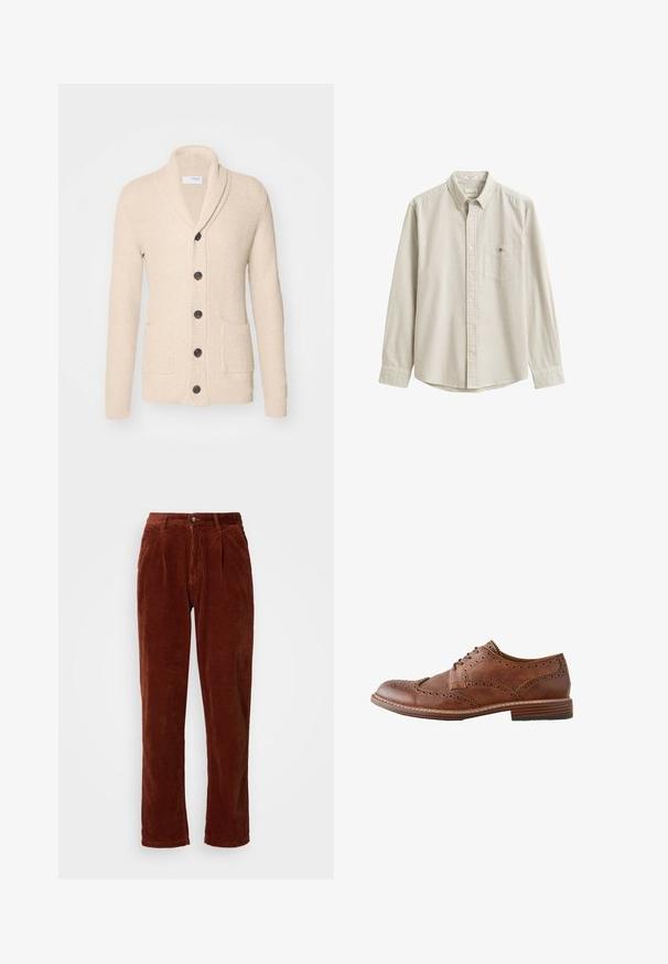 Cárdigan de punto beige con cuello de chal, cinco botones oscuros, tejido texturizado y dos bolsillos frontales. Mangas largas con puños acanalados.; Camisa beige y blanca de rayas verticales, de manga larga, con botones, cuello y bolsillo en el pecho, presentada plana sin persona.; Pantalones de pana en un color marrón intenso; presentan un frente plisado, piernas rectas y un cierre de botón en la cintura.; Zapato oxford de hombre marrón de cuero con diseño wingtip, detalles brogue y tacón de madera apilado, mostrado en perfil lateral sobre fondo blanco.
