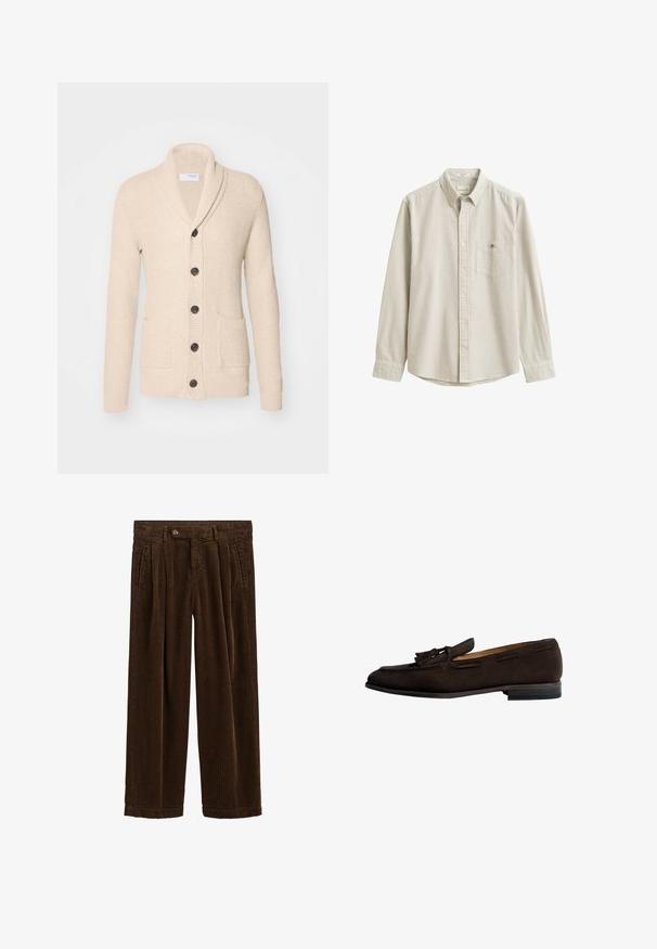 Beige gestrickte Strickjacke mit Schalkragen, fünf dunklen Knöpfen, strukturiertem Stoff und zwei vorderen Taschen. Lange Ärmel mit gerippten Bündchen.; Beige-weiß vertikal gestreiftes Langarmhemd mit Kragen und Brusttasche, flach ausgelegt ohne Person.; Dunkelbraune, weit geschnittene Cordhosen mit vorderen Falten, seitlichen Eingrifftaschen, Gürtelschlaufen und einem Knopfverschluss an der Taille.; Dunkelbrauner Wildleder-Tasselloafer mit niedrigem gestapeltem Absatz und abgerundetem Vorderteil in Seitenansicht auf weißem Hintergrund.