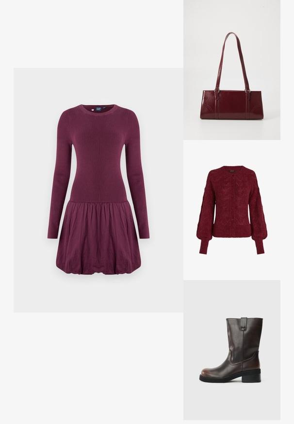Bordeaux strikket cardigan med rund halsudskæring, knaplukning foran og ribkant. Har strukturerede mønstre og ballonærmer.; Lilla kjole med ribbet overdel, lange ærmer og en rynket nederdel. Stoffet ser glat ud med en let tekstur.; Brun læder ankelstøvle med en rund tå, mid-høj blokhæl og diskrete stikninger. Har en sideløkke for nem påklædning.; Bordeaux håndtaske lavet af glansfuldt materiale, rektangulær form, med to skulderremme og subtile buede detaljer på forsiden.