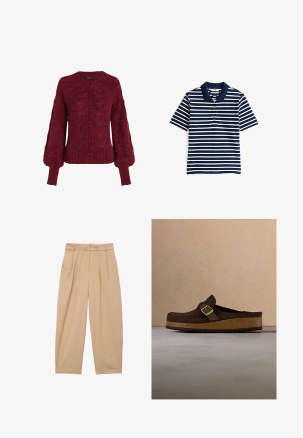 Bordeaux strikket cardigan med rund halsudskæring, knaplukning foran og ribkant. Har strukturerede mønstre og ballonærmer.; Marineblå og hvidstribet polo-shirt med krave, tre-knaps placket og et lille logo på brystet. Korte ærmer.; Beige bukser med vide ben, forlommer, bæltestropper og skjult frontlukning, lavet af glat stof.; Brun ruskindsloafer med korksål og guldlås, svævende over beige tekstureret tæppe, nær træ-sofabord med bøger.
