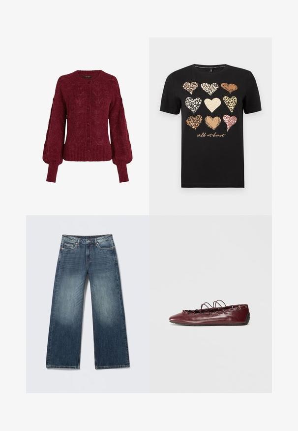 Bordeaux strikket cardigan med rund halsudskæring, knaplukning foran og ribkant. Har strukturerede mønstre og ballonærmer.; Sort t-shirt med korte ærmer med ni dyreprint-hjerter i forskellige beige, brune og røde nuancer, og teksten "wild at heart" nedenunder.; Blå jeans med vide ben, knap- og lynlåslukning, lommer foran og bagpå samt udvaskede detaljer på lår og knæ.; Burgundy læder balletflade med spids tå, snøredetaljer foran, og sølvøjer. Blød sål for fleksibilitet og komfort.
