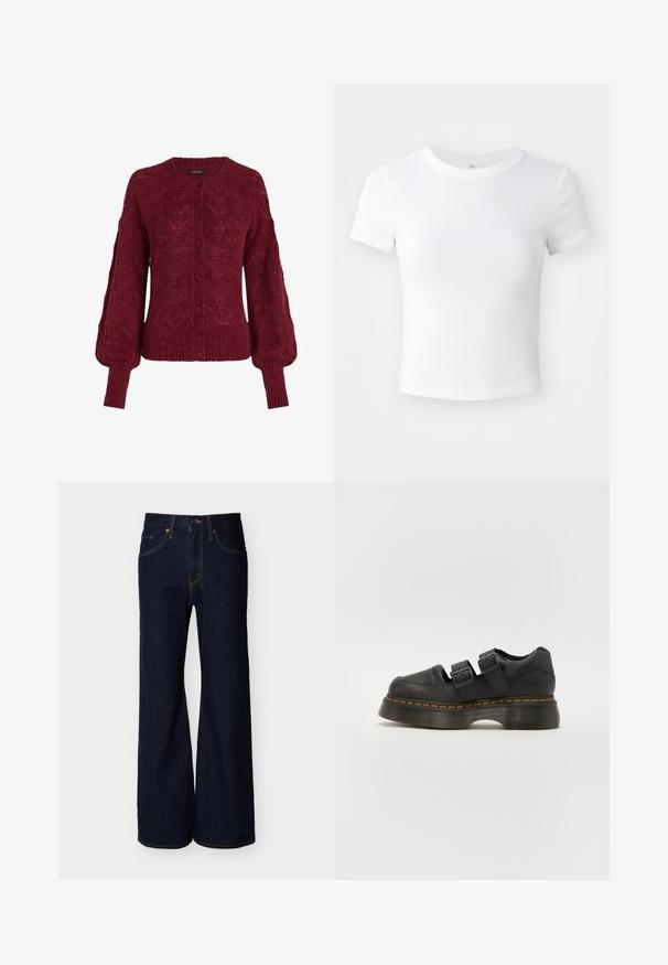 Cardigan en tricot bordeaux avec un col rond, une fermeture à boutons et un ourlet côtelé. Présente des motifs texturés et des manches bouffantes.; T-shirt courte à manches courtes, blanche, avec un col rond, présentée sur un fond neutre et lumineux.; Pantalon en denim bleu foncé avec une taille haute, coupe à jambes larges, poches avant, fermeture par bouton et fermeture éclair.; Chaussure en cuir noir avec deux sangles réglables à boucle, semelle texturée surélevée et couture orange visible le long de la semelle intermédiaire.