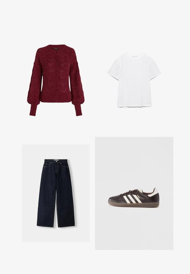 Cardigan en tricot bordeaux avec un col rond, une fermeture à boutons et un ourlet côtelé. Présente des motifs texturés et des manches bouffantes.; T-shirt blanc uni à manches courtes et col rond, avec un ourlet droit, présenté sur un fond blanc.; Jean large en denim bleu foncé à taille haute, avec cinq poches, des coutures contrastées et des éléments en métal argenté. Texture lisse et finition soignée.; Baskets en cuir marron foncé avec un design à trois bandes blanches, une semelle en caoutchouc et l'inscription "Samba" en lettres dorées sur le côté. Forme classique basse.