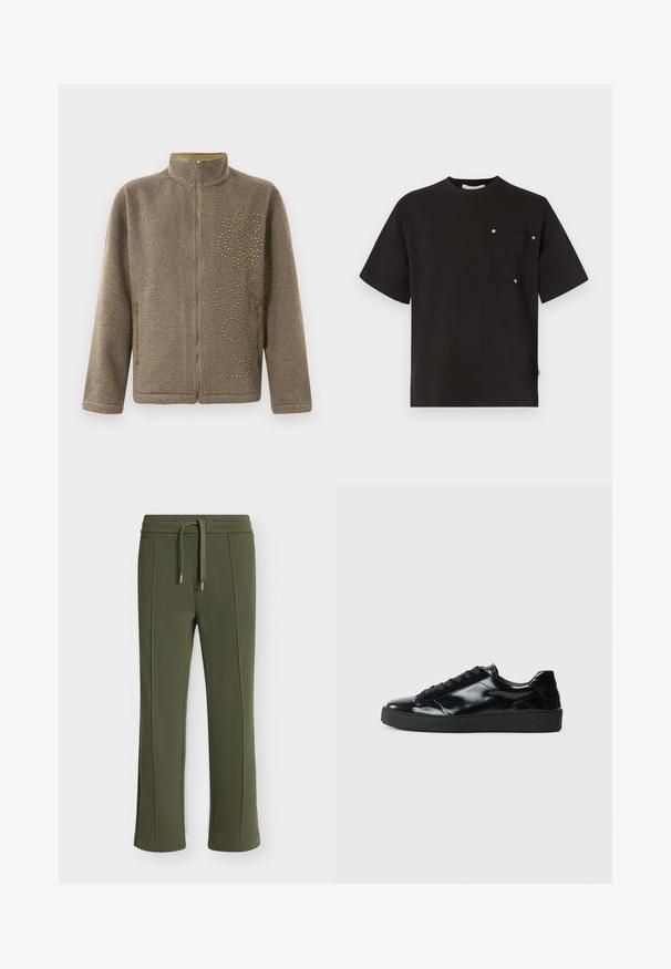 Fleecejacke in Braun, mit hohem Kragen, Reißverschluss und dekorativen goldenen Nieten in einem spiralförmigen Muster auf einer Seite.; Schwarzes Baumwoll-T-Shirt mit kurzen Ärmeln, Rundhalsausschnitt und einer Brusttasche mit silbernen Druckknöpfen. Glatte Textur, lässiges Design.; Olivgrüne gerippte Strickhose mit Kordelzug am Bund und sichtbaren vertikalen Nähten an der Vorderseite jedes Beins.; Schwarze Lackledersneaker mit runder Zehenform, Schnürdesign, strukturiertem Gummisohle und glatter Oberfläche.
