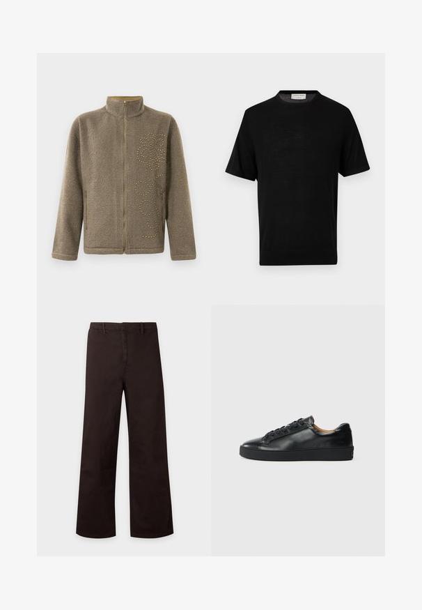 Veste en polaire marron, avec un col haut, une fermeture éclair et des clous décoratifs dorés en motif tourbillonnant sur un côté.; T-shirt en maille noire à manches courtes avec col rond et poignets côtelés, étiquette à l'intérieur du col indiquant "Tiger of Sweden 1903".; Pantalon marron foncé à jambes droites avec passants pour ceinture et fermeture éclair à l’avant, présenté sur un fond clair uni.; Baskets en cuir noir avec une texture lisse, bout rond et fermeture à lacets. Comprend une semelle en caoutchouc épaisse et un minimum de détails de marque.