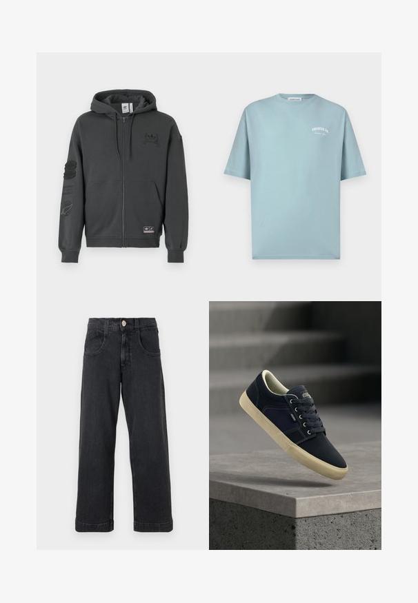 Grå zip-up sweatshirt lavet af blødt stof. Har hætte, ribbede manchetter og to trykte logoer på brystet og ærmet. Regular fit design.; Lyseblå T-shirt med korte ærmer og rund halsudskæring med lille hvid tekst "Creative Co. Southern Cali" på venstre bryst.; Sorte vidde-ben denimjeans med knap og lynlåslukning foran samt to forlommer, vist på en ensartet lys baggrund.; Marineblå lædersneaker med cremefarvet gummisål, rund tå, snørebåndsdesign, der har tonale syninger og et lille logopatch på tungen.