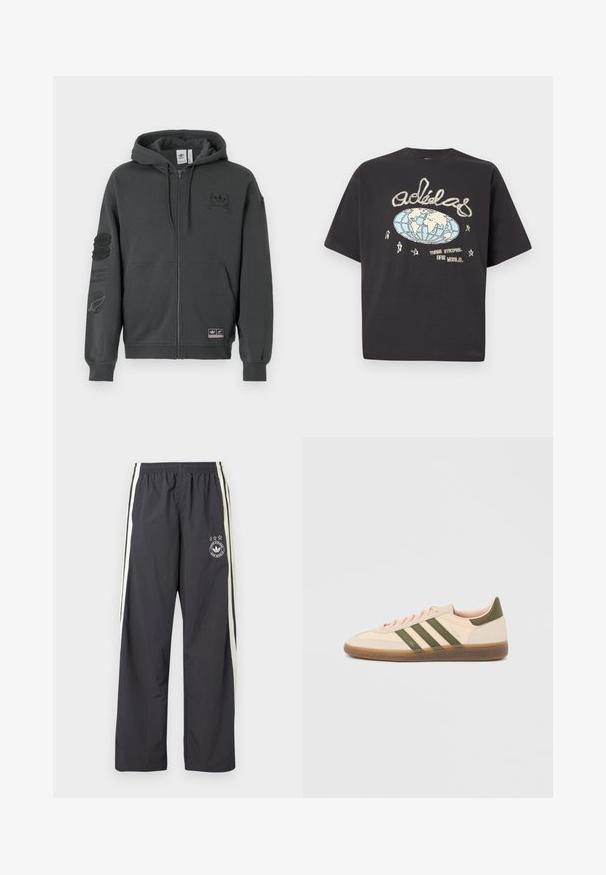 Grå zip-up sweatshirt lavet af blødt stof. Har hætte, ribbede manchetter og to trykte logoer på brystet og ærmet. Regular fit design.; Sort Adidas t-shirt med et beige og blåt globusmotiv, håndskrevet Adidas-logo, stjerner og teksten "Three Stripes. One World."; Mørkegrå træningsbukser med hvide sidelister, elastik i taljen og et rundt logo med tre stjerner på venstre lår. Letvægtsstof.; Beige Adidas Spezial sneaker med lav profil, grønne striber, gummisål og "SPEZIAL"-branding på siden, vist fra ydersiden.