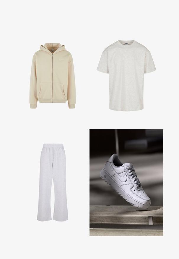 Sudadera con cremallera color beige, con bolsillos frontales, puños y cintura de canalé. Presenta un pequeño logo blanco en el área del pecho izquierdo. Textura de tela suave.; Camiseta de algodón gris claro con mangas cortas, cuello redondo y un ajuste relajado. Tejido texturizado con un sutil patrón jaspeado.; Pantalones deportivos grises con diseño de pierna ancha, cintura elástica y tela suave y texturizada. Presentan una estética limpia y sencilla sin decoraciones.; Zapatilla Nike Air Force 1 de cuero blanco que presenta una puntera perforada, cordones planos y una suela de goma texturizada con la marca "AIR" en el lateral.