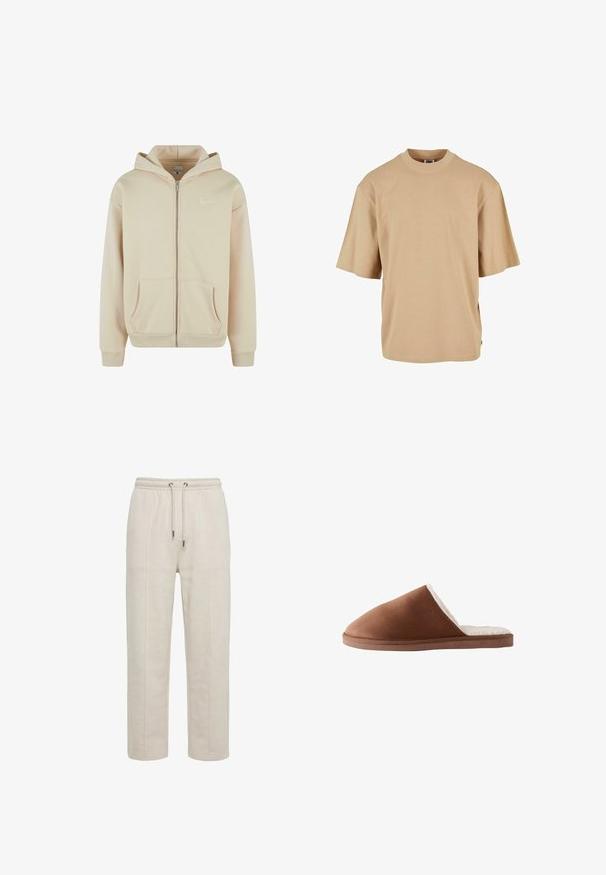 Beige Zip-Hoodie mit Fronttaschen, gerippten Bündchen und Saum. Verfügt über ein kleines weißes Logo auf der linken Brustseite. Weicher Stoff.; Beige T-Shirt mit kurzen Ärmeln und Rundhalsausschnitt, lockerer Passform und seitlichen Schlitzen. Hergestellt aus weichem Baumwollmaterial. Keine Muster oder Grafiken.; Beige Sweatpants mit elastischem Bund, Frontnaht-Details und Kordelzugverschluss, gerader Beinabschluss, aus weichem Stoff gefertigt.; Braune Wildleder-Hausschuhe mit einer weichen weißen Fütterung, ausgestattet mit einem geschlossenen Zehendesign und einer flachen, strukturierten Sohle.