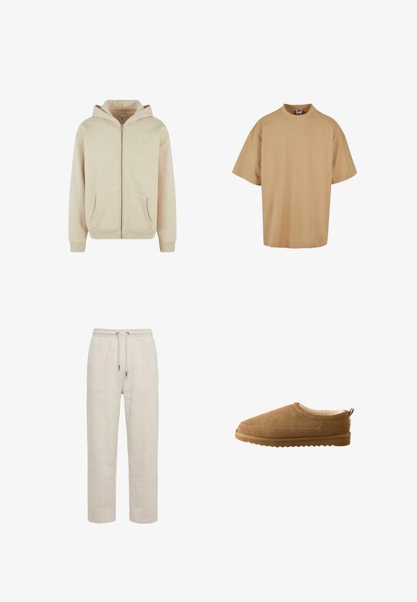 Beige tõmblukuga kapuutsiga jope, millel on ees taskud, soonikuga mansetid ja vöökoht. Vasakus rinnapiirkonnas on väike valge logo. Pehme kangastekstuuri.; Üks suur ülisuurebeige t-särk, mis on valmistatud pehmest puuvillast, millel on ümar kaelus ja lühikesed varrukad, vaba lõikega ja minimalistliku disainiga.; Heledast beežid dressipüksid kummiga vöökohaga, esiosa õmbluse detaljidega ja nööriga kinnitusega, sirge säärega, valmistatud pehmest kangast.; Pruun nubukist liblikas, millel on pehme kreemika sisevooder ja tekstureeritud kummist põhi, vaadatuna küljelt valgel taustal.