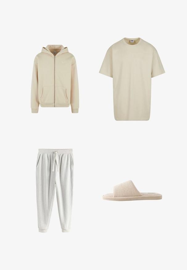 Beige tõmblukuga kapuutsiga jope, millel on ees taskud, soonikuga mansetid ja vöökoht. Vasakus rinnapiirkonnas on väike valge logo. Pehme kangastekstuuri.; Heledast beežist puuvillane T-särk lühikeste varrukatega, ümar kaelusega ja lõdva istuvusega. Kangas tundub sile, ilma nähtavate mustrite või kaunistusteta.; Helehallid fliisist jooksupüksid elastse vöökoha, nööriga, küljetaskute ja mansettidega pahkluudel.; Beež pehme kangaga avatud varbaga suss, millel on paks tallavõi lai rihm peal, mõeldud toas kasutamiseks.