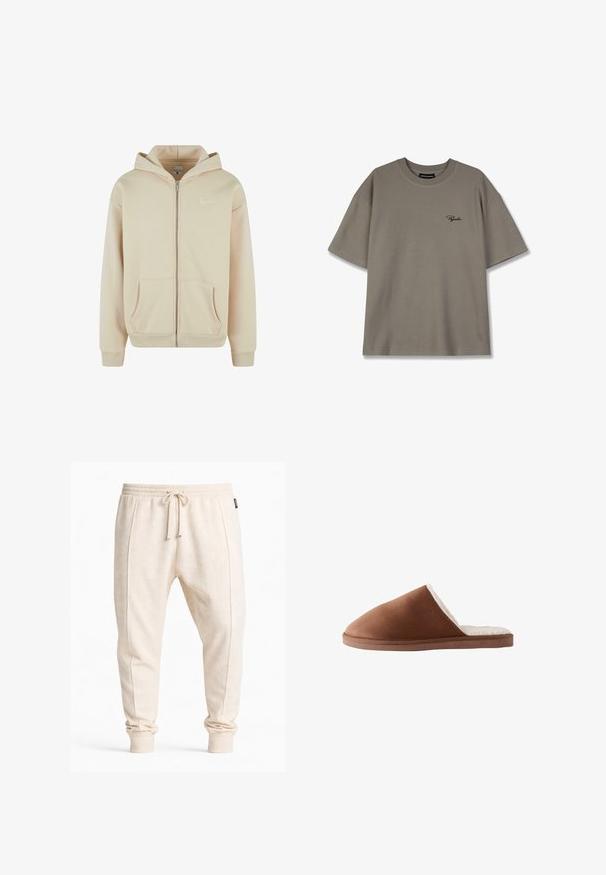 Sudadera con cremallera color beige, con bolsillos frontales, puños y cintura de canalé. Presenta un pequeño logo blanco en el área del pecho izquierdo. Textura de tela suave.; Camiseta gris de canalé con un ajuste relajado, que presenta mangas cortas y un pequeño logo negro en el pecho. Fabricada en un material suave y texturizado.; Pantalones jogger de tejido de waffle color beige con cintura elástica, cordón frontal, costuras laterales y puños acanalados.; Zapatilla de ante marrón con un suave forro de piel blanca, que presenta un diseño de punta cerrada y una suela plana y texturizada.