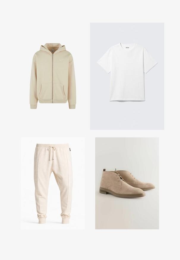 Beige zip-up hættetrøje med frontlommer, ribbede cuffs og talje. Har et lille hvidt logo på venstre brystområde. Blød stoftekstur.; Hvid kortærmet crewneck T-shirt lagt fladt ud, ensfarvet design, med "WEEKDAY" mærkat inde i kraven på en lys baggrund.; Beige joggerbukser i vaffelstrik med elastisk talje, snøre foran, sidesømme og ribbede manchetter.; Beige ruskind ankelstøvler med en glat tekstur, rund tå og snørelukning. Funktioner en lav hæl og kontrasterende syninger langs sålen.