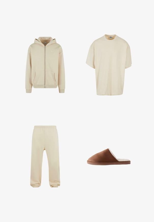 Sudadera con cremallera color beige, con bolsillos frontales, puños y cintura de canalé. Presenta un pequeño logo blanco en el área del pecho izquierdo. Textura de tela suave.; Camiseta de manga corta color crema con un corte relajado y escote redondo; hecha de algodón suave, con detalles de costura sutiles.; Pantalones de chándal beige con cinturilla elástica, dobladillos ajustados y una textura suave. Diseño simple de pierna recta sin patrones ni adornos.; Zapatilla de ante marrón con un suave forro de piel blanca, que presenta un diseño de punta cerrada y una suela plana y texturizada.