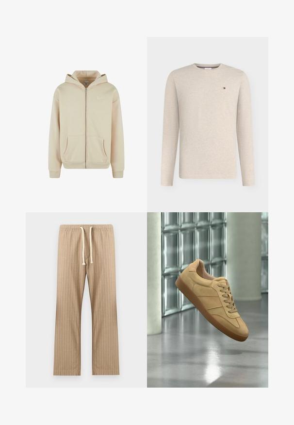 Beige zip-up hættetrøje med frontlommer, ribbede cuffs og talje. Har et lille hvidt logo på venstre brystområde. Blød stoftekstur.; Beige langærmet T-shirt med rund halsudskæring og lille rød, hvid og blå rektangulært logo på venstre bryst mod ensfarvet baggrund.; Beige letvægtsbukser med lodrette striber, elastisk talje og hvid snor, lige ben.; Beige ruskind sneaker med gummisål, snørelukning, svæver indendørs på poleret betongulv nær glasblokvæg.