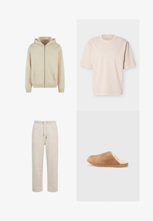 Sudadera con cremallera color beige, con bolsillos frontales, puños y cintura de canalé. Presenta un pequeño logo blanco en el área del pecho izquierdo. Textura de tela suave.; Camiseta beige de manga corta extragrande con cuello redondo y costuras sencillas, presentada plana sobre un fondo blanco.; Pantalones deportivos beige con cintura elástica, detalles de costura en la parte frontal y cierre con cordón, corte de pierna recta, hechos de tela suave.; Zapatilla marrón de ante tipo slip-on con forro suave de forro polar color crema y suela de caucho, mostrada en perfil lateral sobre fondo blanco.