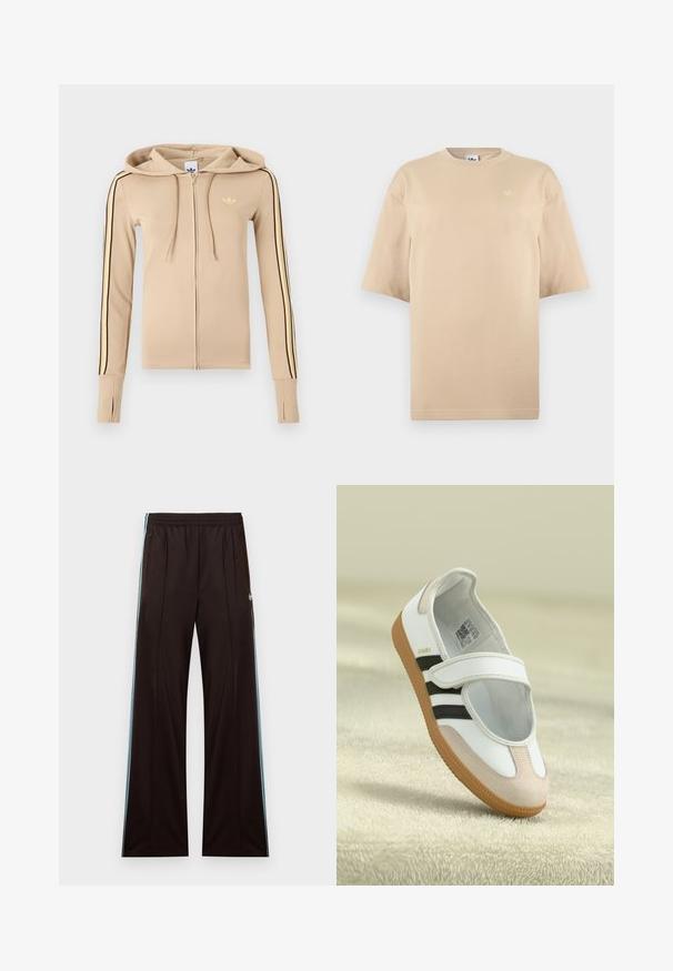Μπεζ φούτερ με φερμουάρ, κατασκευασμένο από απαλό υλικό, με μαύρες και κίτρινες ρίγες στα πλάγια, κουκούλα και μικρό χρυσό λογότυπο στο στήθος.; Μπεζ φαρδιά κοντομάνικη μπλούζα με στρογγυλή λαιμόκοψη και μικρό λευκό λογότυπο Adidas trefoil στο αριστερό πάνω μέρος του στήθους.; Μαύρο παντελόνι φόρμας με φαρδιά γραμμή, ανοιχτό μπλε ρίγες στο πλάι, ελαστική μέση, τσέπες με φερμουάρ και λογότυπο Adidas στο αριστερό ισχίο.; Λευκό παπούτσι με ροζ σουέτ μύτη, μαύρες ρίγες και ιμάντα Velcro. Διαθέτει καφετί καουτσούκ σόλα και λογότυπο στο πλάι.