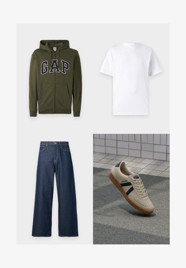 Sudadera con cremallera de color verde oliva, con un gran logo en navy de "GAP", dos bolsillos frontales y capucha con cordón. Material de mezcla de algodón suave.; Camiseta blanca de manga corta hecha de algodón con cuello redondo, que presenta una textura suave y un diseño simple sin patrones ni acentos.; Jeans de pierna ancha hechos de mezclilla oscura con costuras naranjas, con cinco bolsillos, cierre frontal de botones y una silueta recta.; Zapatilla beige con acabado texturizado, rayas azul marino y suela de goma. Presenta una lengüeta acolchada y un sistema de cordones tradicional para un ajuste seguro.