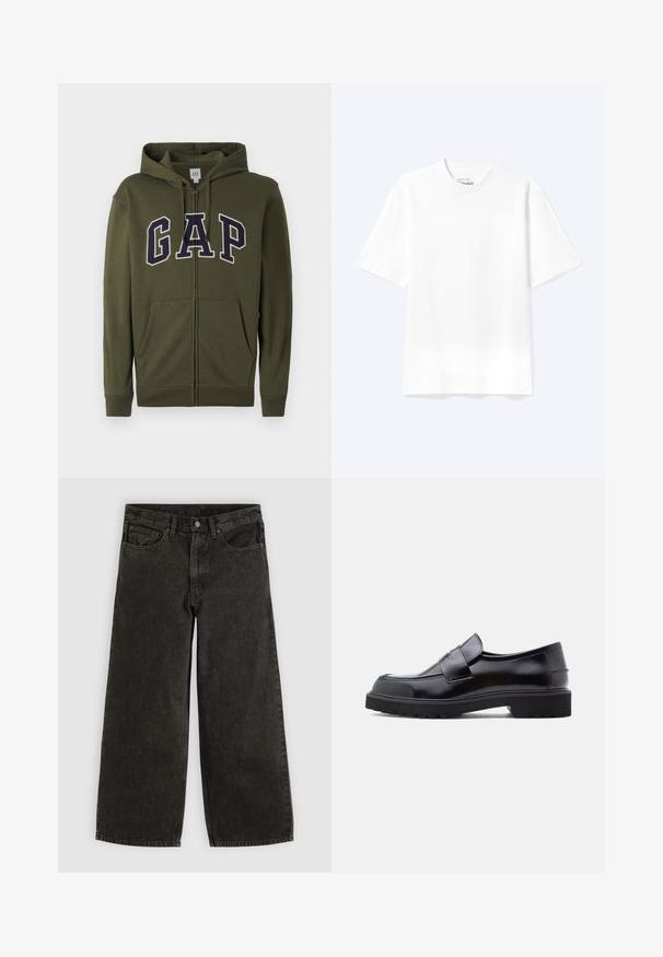 Sweat à capuche zippé vert olive avec un grand logo « GAP » bleu marine, deux poches avant et un cordon de serrage à la capuche. Matière en mélange de coton doux.; T-shirt blanc uni à manches courtes et col rond avec une coupe décontractée, présenté sur un fond clair.; Jean en denim noir à jambes larges avec bouton et fermeture éclair à l'avant, passants de ceinture, et cinq poches, étalé à plat sur un fond blanc.; Chaussure noire en cuir à enfiler avec un design épuré, bout rond et semelle épaisse en caoutchouc texturé. Présente une sangle décorative à l'avant.