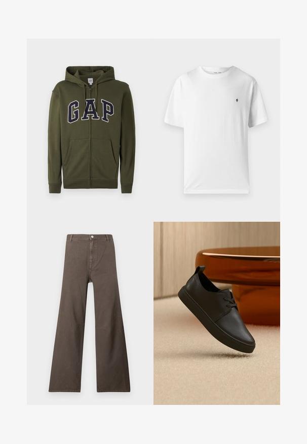 Olivgrüner Reißverschluss-Hoodie mit großem navyblauen "GAP"-Logo, zwei Fronttaschen und einer verstellbaren Kapuze. Aus glattem Baumwollmischmaterial.; Weißes Baumwoll-T-Shirt mit rundem Halsausschnitt, kurzen Ärmeln und einem kleinen schwarzen Logo auf der Brust. Weicher Stoff, lässige Passform.; Braune weite Hosen mit hoher Taille, Knopfverschluss, Gürtelschlaufen und sichtbaren Nähten an den Beinen.; Schwarzer Freizeit-Sneaker aus Leder mit Schnürsenkeln, schwebt über einem beigen Teppich, im Hintergrund ein bernsteinfarbenes, rundes Glastisch.