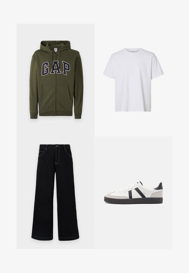Olivgrüner Reißverschluss-Hoodie mit großem navyblauen "GAP"-Logo, zwei Fronttaschen und einer verstellbaren Kapuze. Aus glattem Baumwollmischmaterial.; Schlichtes weißes T-Shirt mit kurzen Ärmeln, Rundhalsausschnitt, regulärer Passform und glatter Stoffstruktur, auf weißem Hintergrund dargestellt.; Schwarze weit geschnittene Jeanshose aus Denim, mit Knopfverschluss, fünf Taschen und kontrastierendem weißen Nähten entlang der Nähte.; Weiße Sneaker mit schwarz- und grau-aczenten, ausgestattet mit einer strukturierten grauen Zehenkappe, schwarzer Gummi-Sohle und flachen weißen Schnürsenkeln. Sauberes Design, minimalistische Stil.
