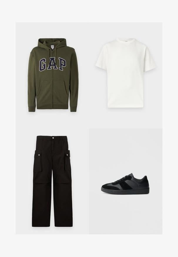 Olive zelená mikina na zips s veľkým námorníckym logom "GAP", dvoma prednými vreckami a s kapucňou so šnúrkou. Hladký materiál z bavlny a polyesteru.; Jednofarebné biele tričko s krátkym rukávom a okrúhlym výstrihom, zobrazené na ploche proti bielemu pozadiu s viditeľnou nálepkou GAP vo vnútri goliera.; Čierne cargo nohavice vyrobené z mäkkej tkaniny, s elastickým pásom, bočnými vreckami so klapkami a voľným, rovným strihom.; Čierne tenisky s kombináciou hladkej kože a semišu, s textúrovanou čiernou gumovou podrážkou a jemným prúžkovaným detailom.