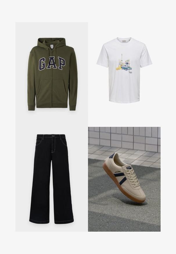 Sweat à capuche zippé vert olive avec un grand logo « GAP » bleu marine, deux poches avant et un cordon de serrage à la capuche. Matière en mélange de coton doux.; T-shirt blanc avec impression de la Tour Eiffel, voiture ancienne, boisson orange avec fleur et texte « Parisien Lifestyle » au centre devant.; Pantalons larges noirs en denim, dotés d'une fermeture à boutons, de cinq poches et de coutures blanches contrastantes le long des coutures.; Baskets beiges avec une finition texturée, bandes navy et semelle en caoutchouc. Équipées d'une languette rembourrée et d'un système de laçage traditionnel pour un maintien sécurisé.