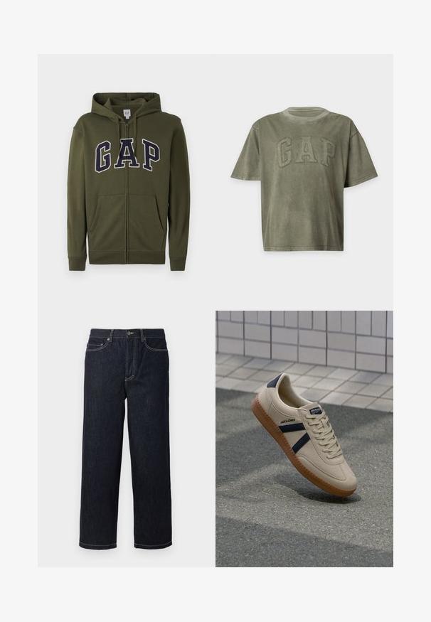 Olijfgroene ritskap met een groot marineblauw 'GAP' logo, twee vo zakken en een trekkoord capuchon. Soepele katoenmix materiaal.; Groen T-shirt met korte mouwen, ronde hals en verhoogde gestikte letters die GAP op de borst spellen.; Donkerblauwe rechte denim jeans met vijf zakken en witte contraststiksels, knoopsluiting en riemlussen.; Beige sneaker met een textuurafwerking, marineblauwe strepen en een rubberen zool. Heeft een gevoerde tong en een traditioneel vetersysteem voor een veilige pasvorm.