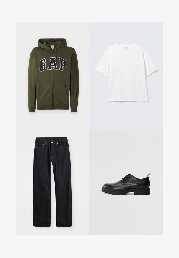 Olivgrüner Reißverschluss-Hoodie mit großem navyblauen "GAP"-Logo, zwei Fronttaschen und einer verstellbaren Kapuze. Aus glattem Baumwollmischmaterial.; Weißes oversized T-Shirt mit kurzen Ärmeln und Rundhalsausschnitt mit eingesetzten Schultern, flach auf hellgrauem Hintergrund.; Herren gerade geschnittene schwarze Jeans aus Denim mit fünf Taschen und orangefarbenen Nähten, Knopf- und Reißverschluss vorne am Bund.; Schwarze Lederschuhe mit runder Zehenform, ausgestattet mit einer Schnürung, robustem schwarzen Gummisohle und einer kleinen Fersenschlaufe auf der Rückseite.