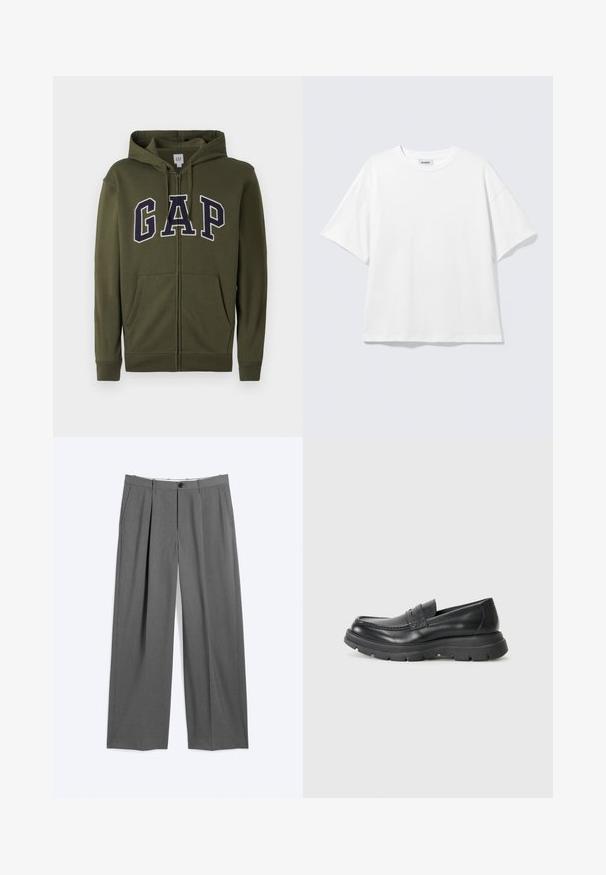 Olive zelená mikina na zips s veľkým námorníckym logom "GAP", dvoma prednými vreckami a s kapucňou so šnúrkou. Hladký materiál z bavlny a polyesteru.; Biele oversize tričko s krátkym rukávom a okrúhlym výstrihom s padnutými ramenami, položené na svetlošedom pozadí.; Sivé formálne nohavice s rovným strihom, predsadenými záhybmi, bočnými vreckami, pútkami na opasok a predným zapínaním na gombík a zips.; Čierna kožená slip-on obuv s mokasínovým dizajnom, zaoblenou špičkou, hrubou gumovou podrážkou a jemným šitím v hornej časti.