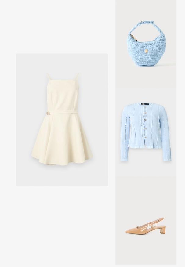Cardigan en tricot bleu clair à manches longues avec des bords ondulés, des motifs texturés verticaux et cinq boutons décoratifs dorés sur le devant.; Robe sans manches couleur crème avec fines bretelles, encolure carrée, taille ajustée avec une petite ceinture et jupe évasée.; Chaussure slingback beige en cuir verni à talon bas, bout pointu et bride réglable avec boucle sur fond uni.; Petit sac à main bleu clair crocheté avec une petite bandoulière et une fermeture éclair dorée, présenté sur un fond clair uni.